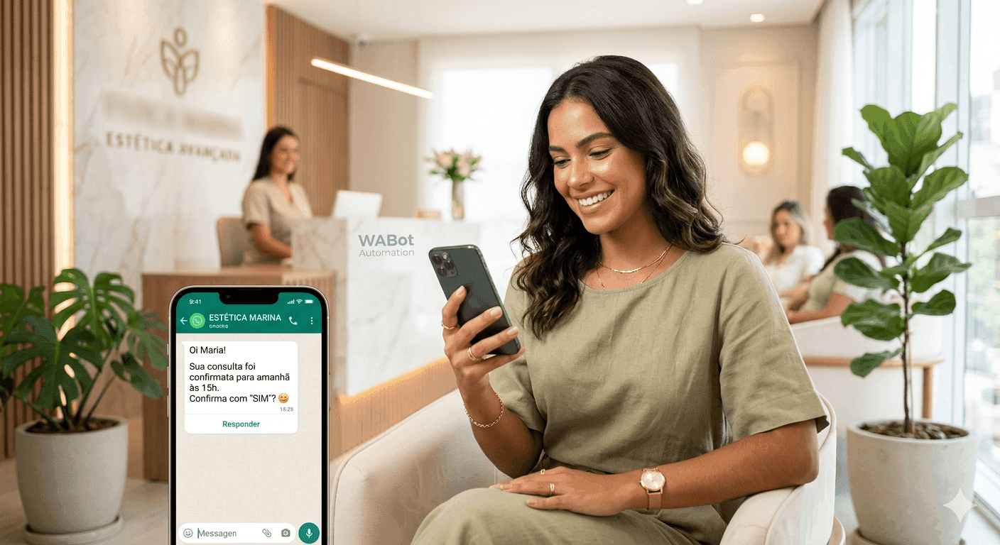 Mulher em clínica estética usando WhatsApp com a AI da Clinisfera