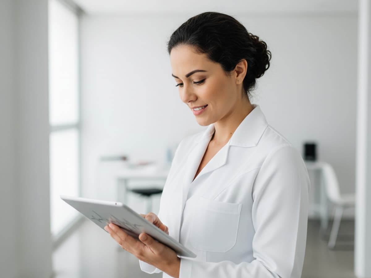 Profissional de clínica acompanhando os dados no tablet